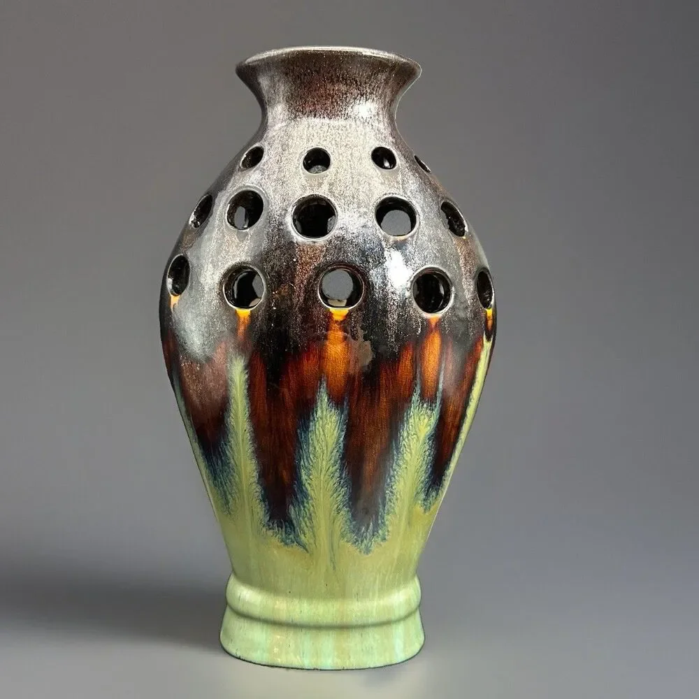Vintage Sculptural Pierced Ceramic Vase Brutalist Ikebana Scandinavian Decor